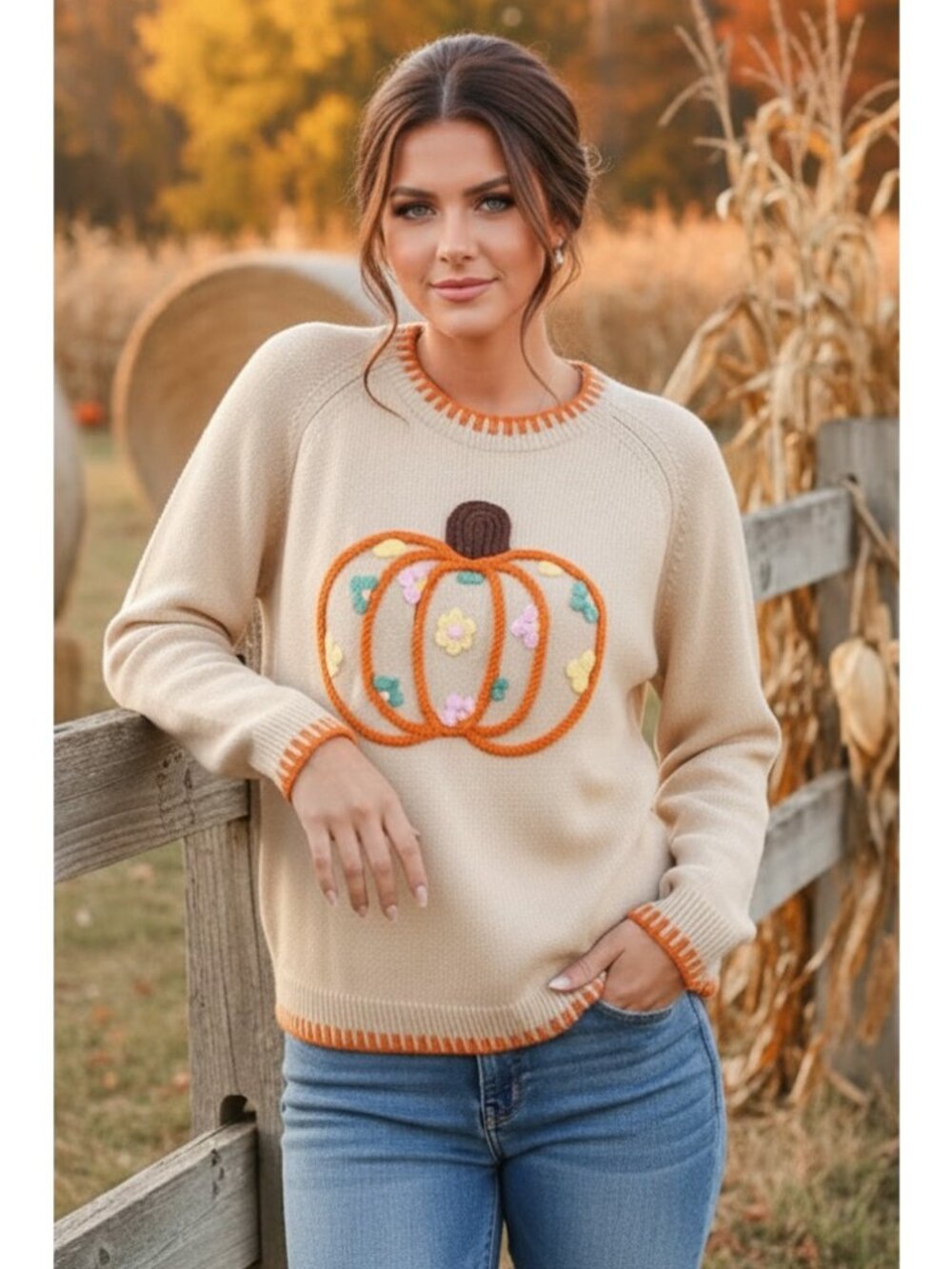 Embroidered Floral Crochet Pumpkin Long Sleeve Round Neck Sweater